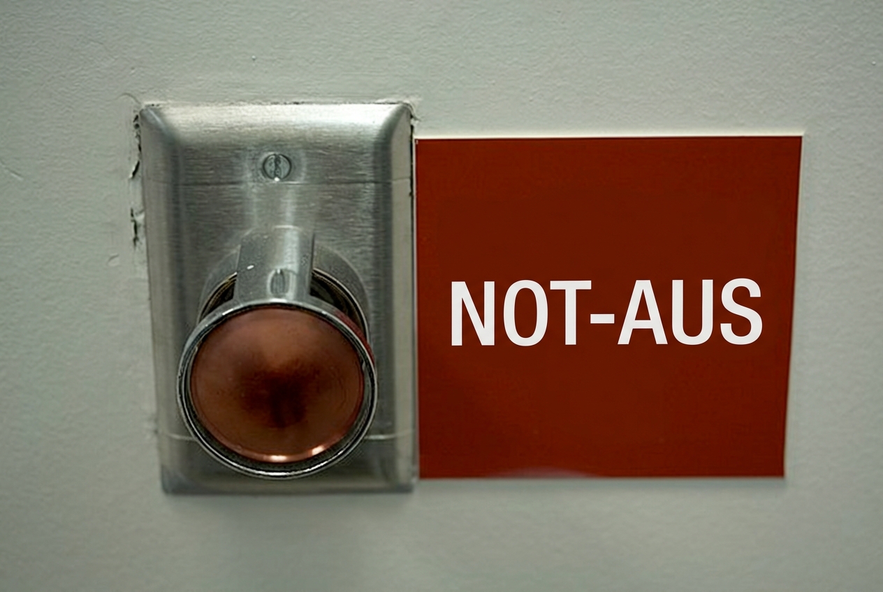 Bild eines großen roten Knopfes mit einem "Not-Aus"-Schild daneben