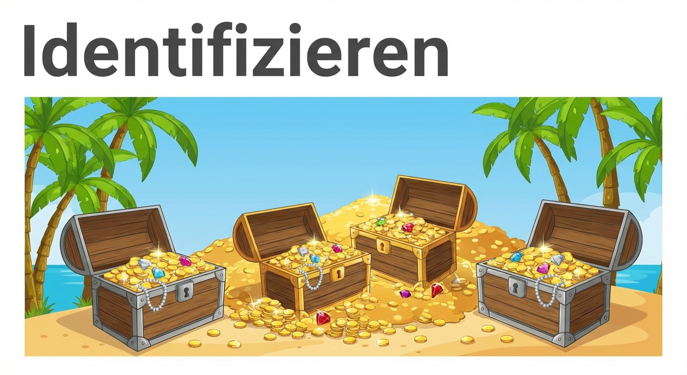 Bild einer 3D-Spielwelt am Strand mit virtuellen Schatztruhen