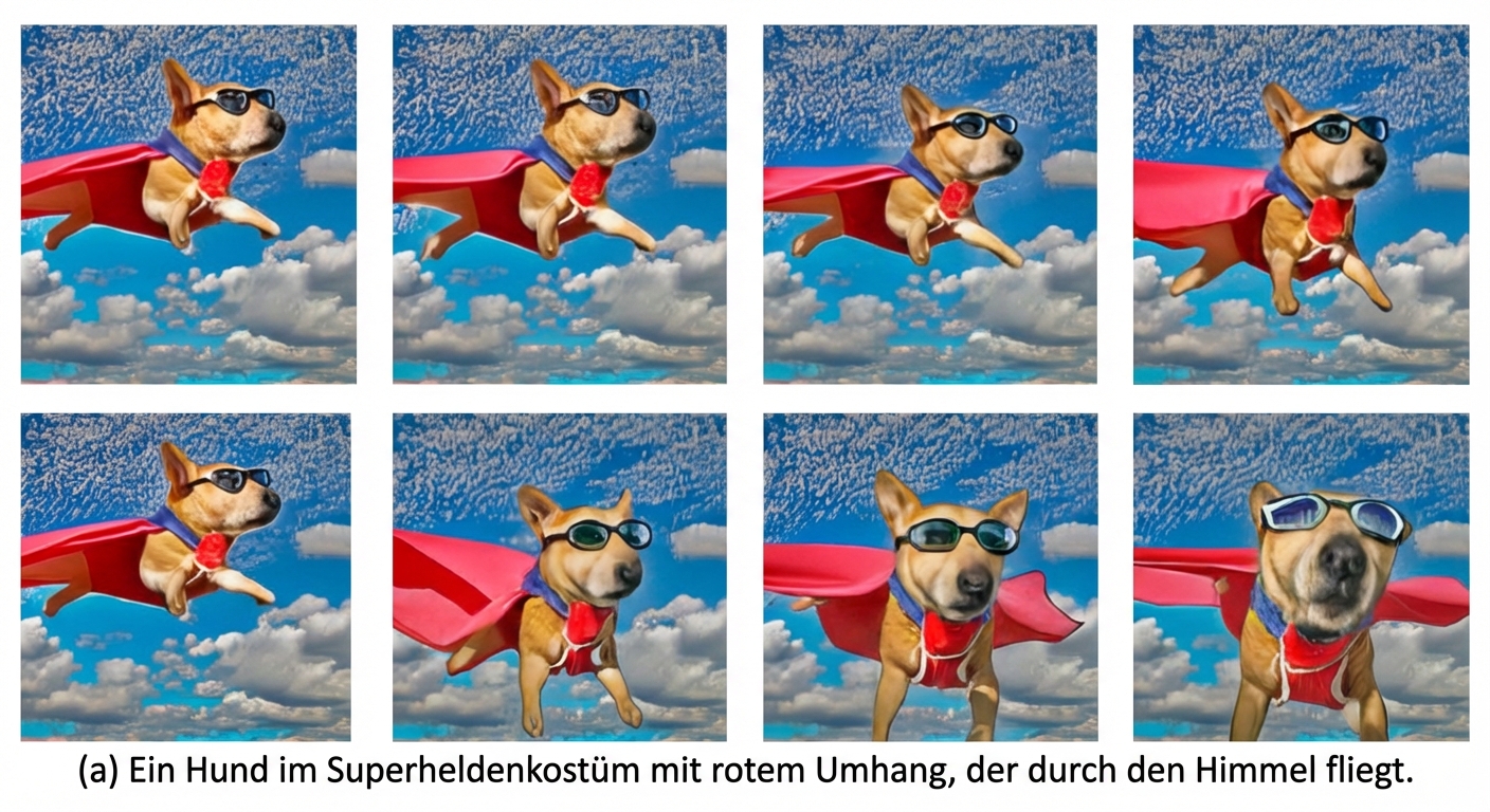 Ausschnitte aus einem KI-generierten Video eines fliegenden Hundes