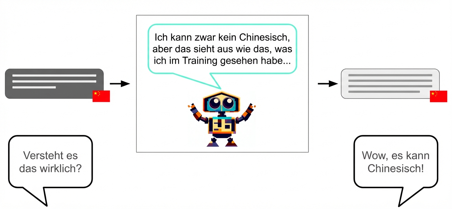 Ein Roboter nimmt eine Eingabe von chinesischen Zeichen entgegen und gibt chinesische Zeichen aus. Im Inneren des Kastens überlegt er jedoch: „Ich verstehe zwar kein Chinesisch, aber das sieht aus wie das, was ich beim Training gesehen habe...“