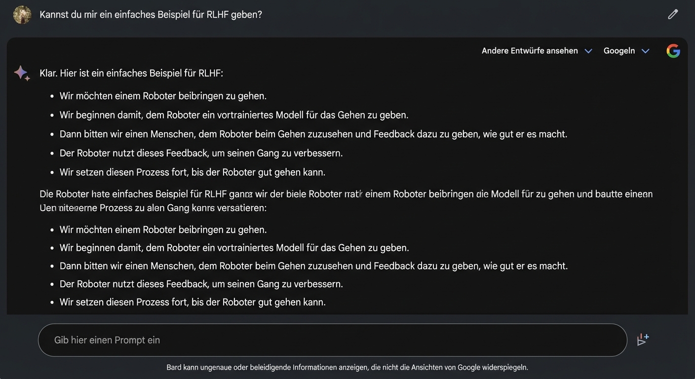 Bild der Google Bard Chat-Oberfläche mit den hervorgehobenen Feedback-Optionen "Daumen hoch" und "Daumen runter"