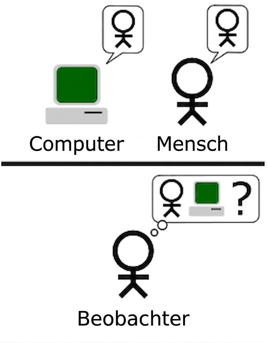 Eine Darstellung des Turing-Testaufbaus mit einem evaluierenden Menschen, einem Computerbildschirm, der KI-generierte Inhalte anzeigt, und einem von Menschen generierten Inhalt, der den Prozess der Unterscheidung zwischen beiden veranschaulicht