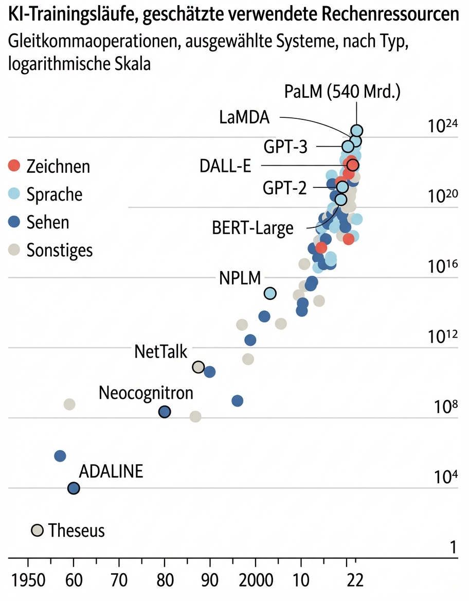 Ein Diagramm, das den exponentiellen Anstieg der für das Training von KI-Modellen benötigten Rechenleistung von weniger als 10^4 Fließkommaoperationen im Jahr 1950 auf 10^24 Fließkommaoperationen im Jahr 2022 zeigt.