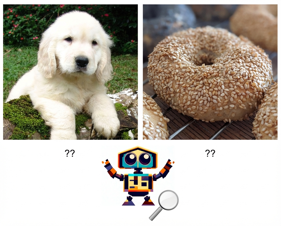 Zwei Bilder, eines von einem Welpen und eines von einem Bagel, mit einem Cartoon-Roboter, der versucht, sie zu entziffern
