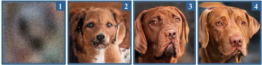 Four images of dogs, each looking more realistic than the last.