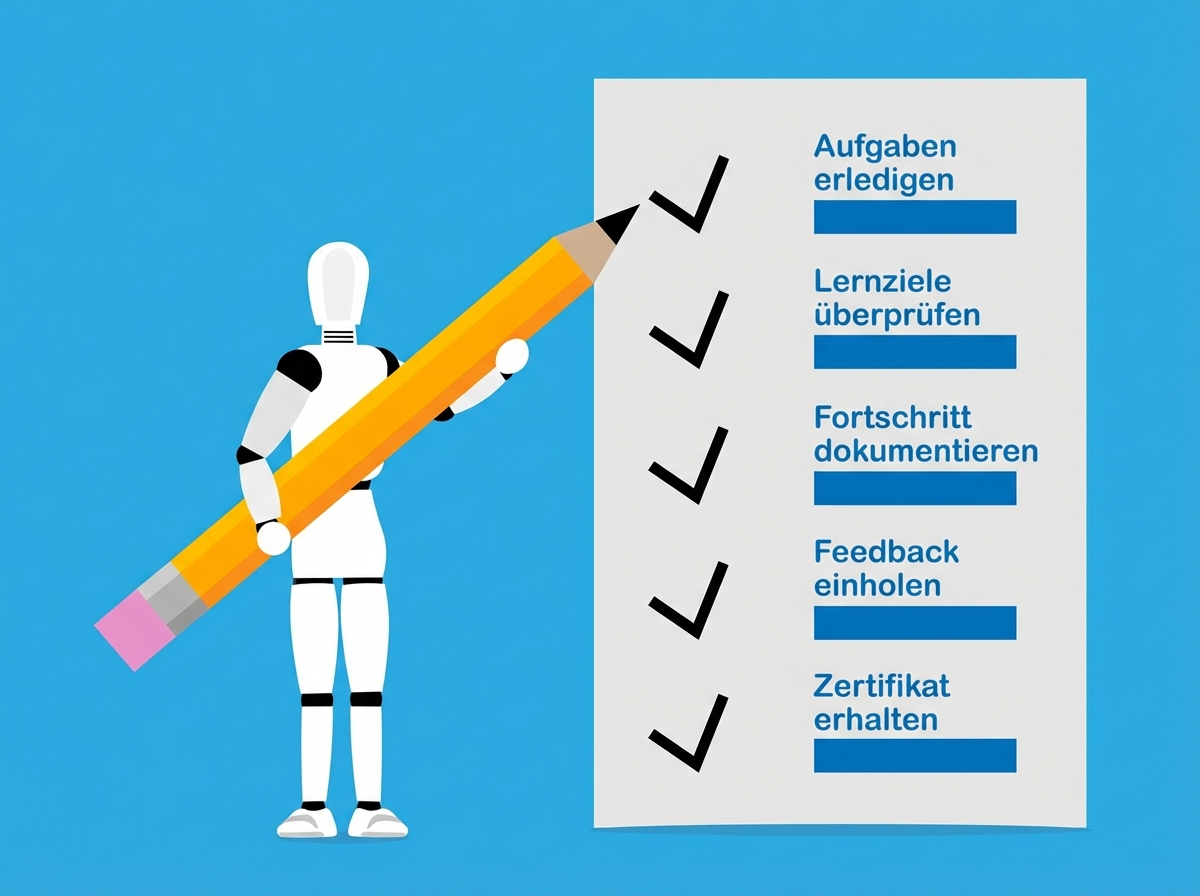 Ein Bild, das einen Roboter zeigt, der neben einer Checkliste steht.