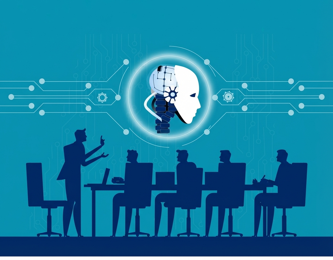 Eine Illustration von Menschen, die während eines Treffens Bedenken über KI äußern