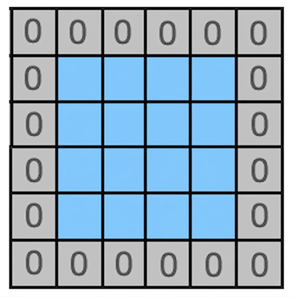 Ein 4x4-Bild ist von einem Rahmen aus Nullen umgeben.
