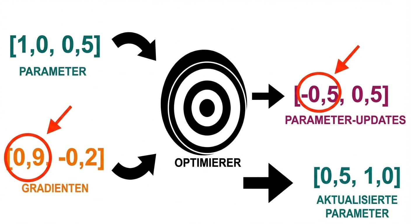 Pfeile von Parameter-Updates zeigen auf die aktualisierten Parameterwerte: 0,5 und 1,0