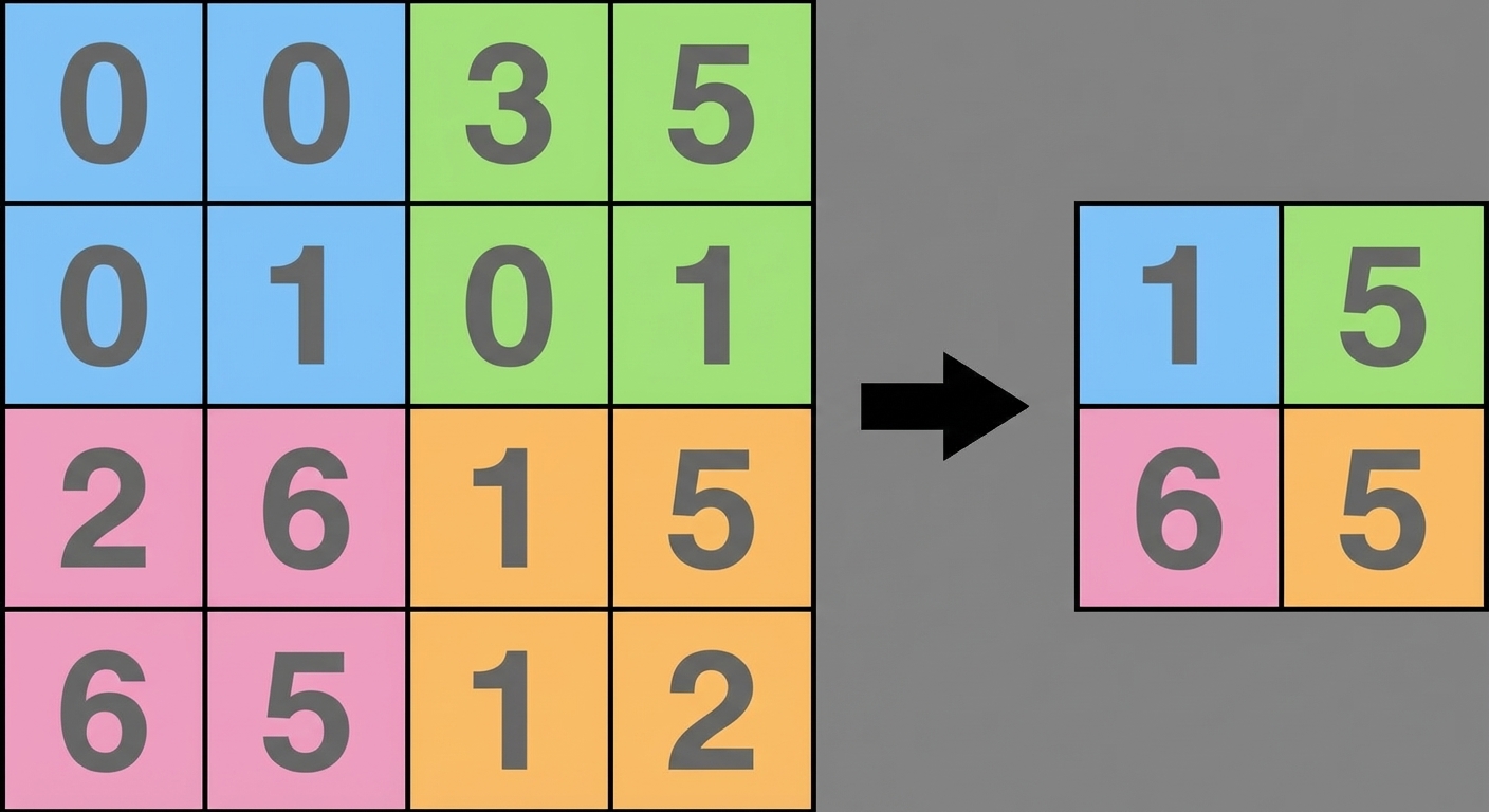 Eine 4x4-Matrix, deren vier 2x2-Quadranten farbig markiert sind, wird per Max-Pooling zu 2x2.