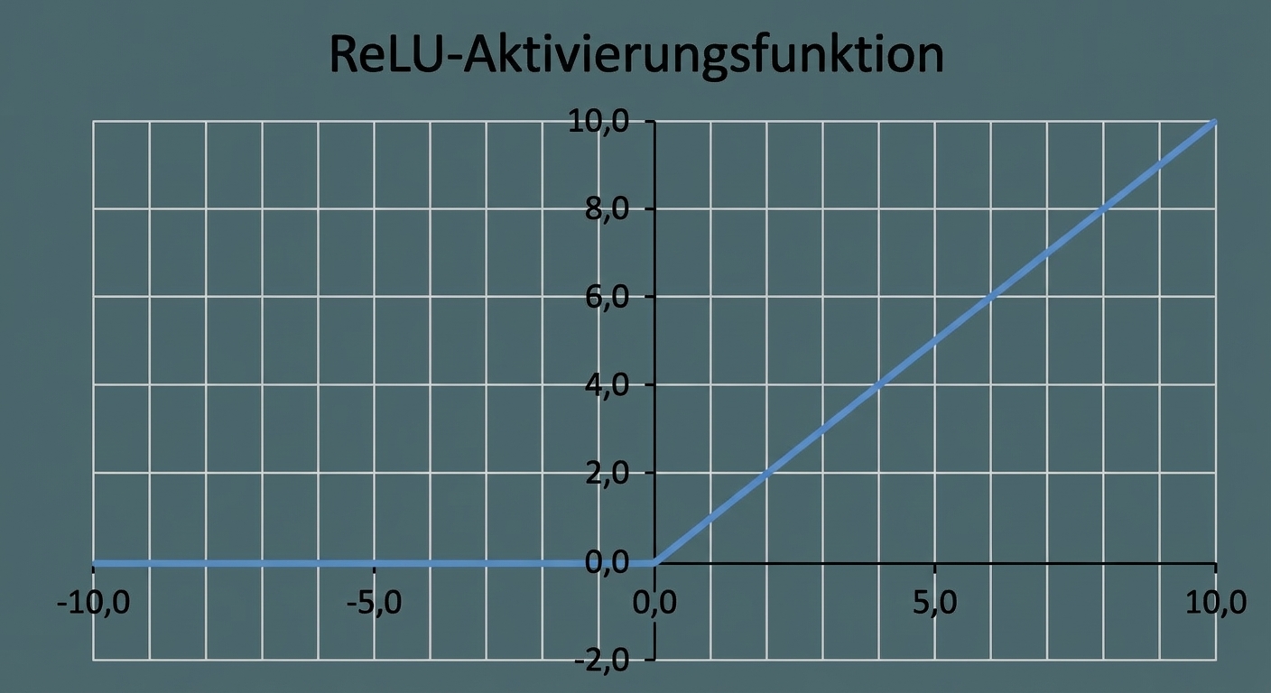 Ein Plot der ReLU-Funktion. Für Werte < 0 ist die Linie bei 0; für Werte > 0 steigt sie positiv.