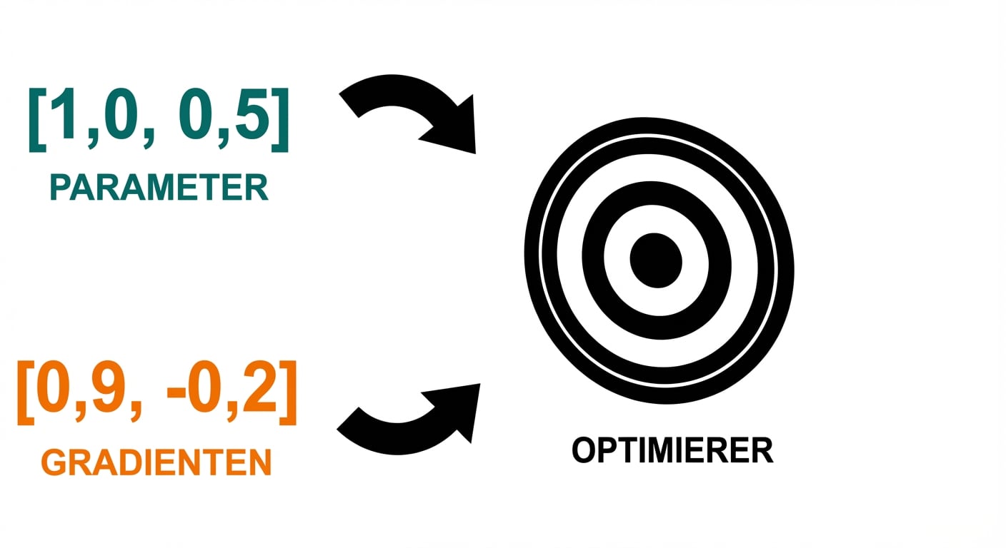 Pfeile zeigen, wie die beiden Vektoren mit Parametern und Gradienten in den Optimizer (als Zielscheibe gezeichnet) gehen.