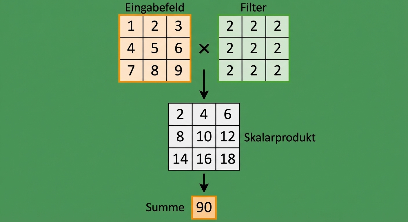 Zwei 3x3-Matrizen werden elementweise multipliziert und die Werte danach summiert.