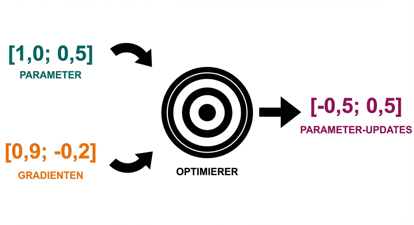 Ein Pfeil vom Optimizer zeigt auf einen Vektor mit zwei Parameter-Updates: -0,5 und 0,5.