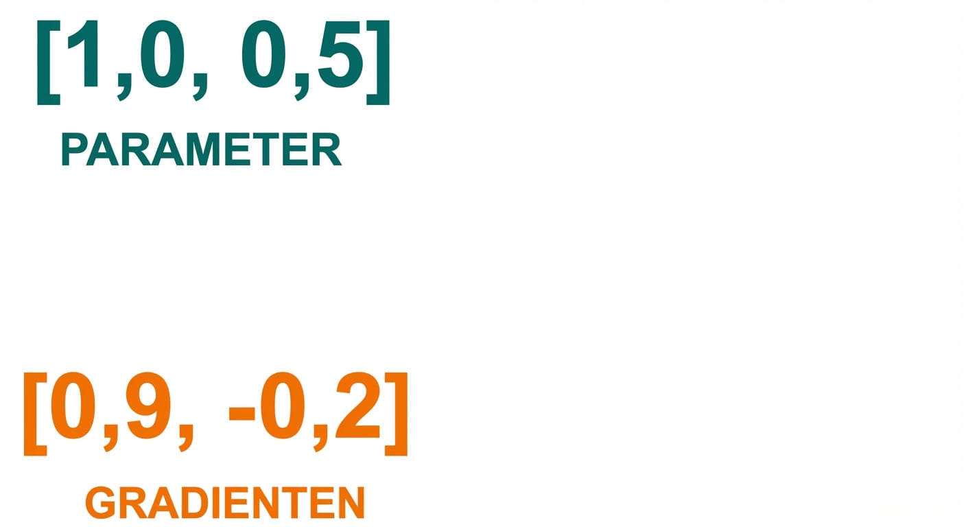 Zwei Vektoren der Länge zwei: einer mit Parameterwerten (1 und 0,5), ein anderer mit Gradienten (0,9 und -0,2).