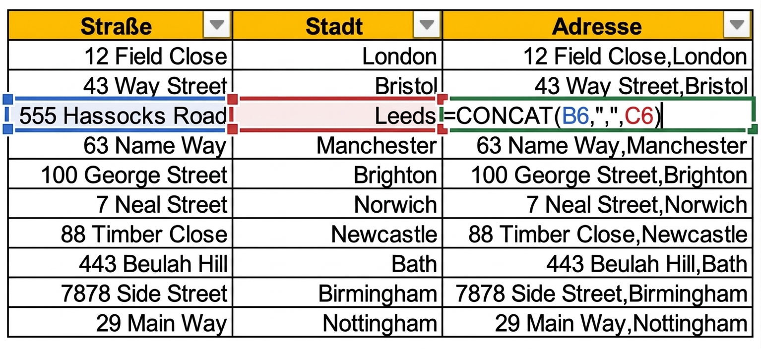 Bild einer Excel-Tabelle, die Straße und Stadt in separaten Spalten zeigt, mit einer dritten Spalte, die die CONCAT-Funktion verwendet, um die Informationen zu kombinieren.