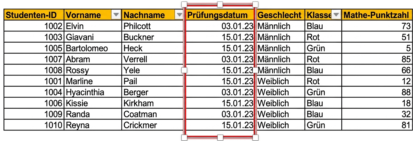Beispiel einer manuell eingegebenen Tabelle mit Schüler-Testdaten in Excel, wobei die Datumsspalte test_date hervorgehoben ist