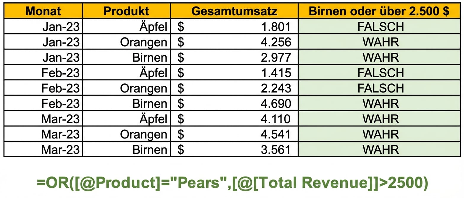 Beispieldaten in Excel, die die Erstellung einer Spalte mit der OR-Funktion und zwei Variablen als Bedingungen zeigen