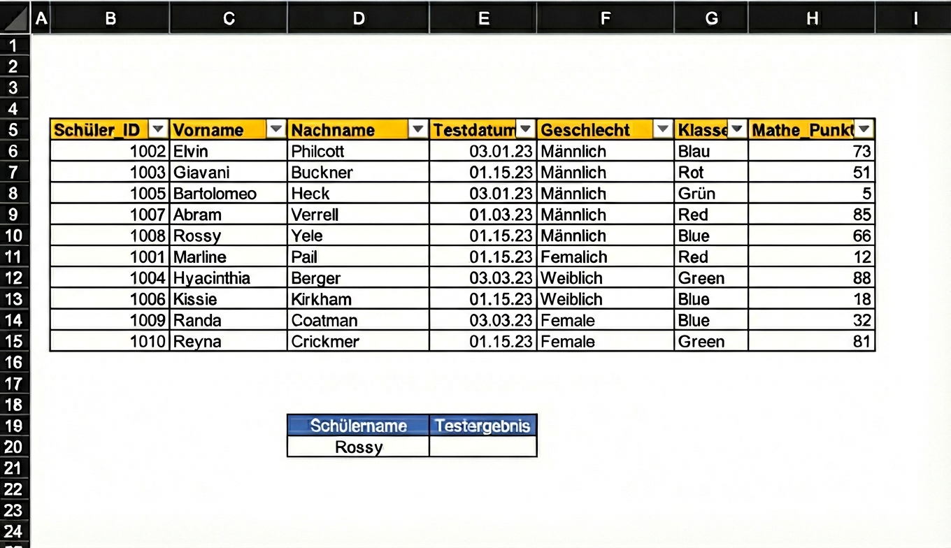 Beispiel einer Tabelle mit Schülerergebnissen und einer Zelle, die mit einer Suchformel gefüllt werden muss.