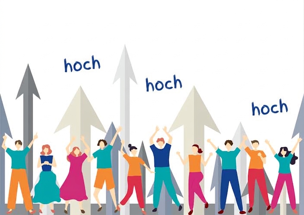 Ein Bild von Menschen, die nach oben zeigen und schauen, mit Pfeilen, die nach oben zeigen, und dem Wort 'up' darüber.