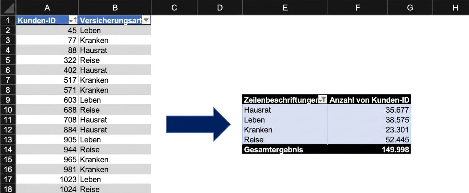 Versicherungsdaten zusammengefasst mit einer PivotTable