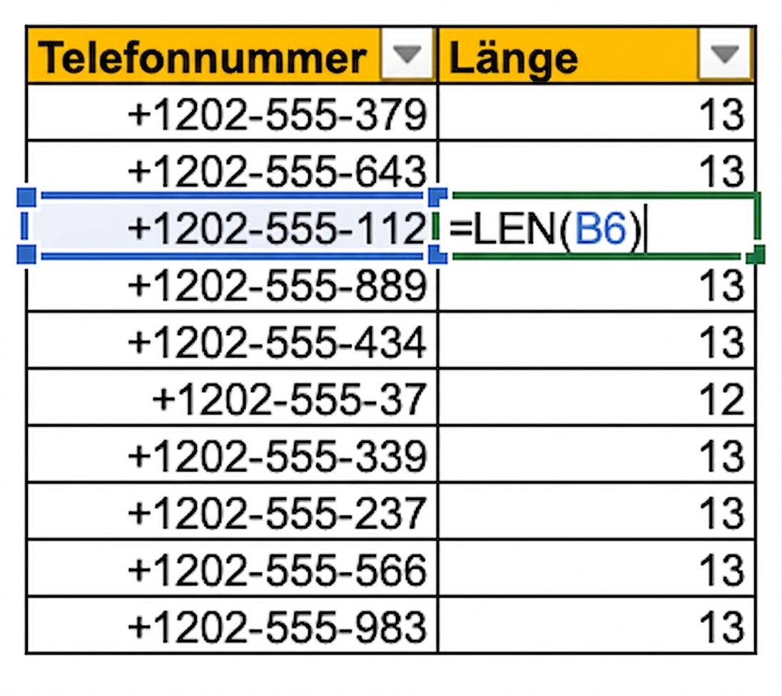 Bild einer Excel-Tabelle mit Telefonnummern in einer Spalte und der Verwendung der LEN-Formel, um die Länge der eingegebenen Telefonnummern zu zählen und zu überprüfen