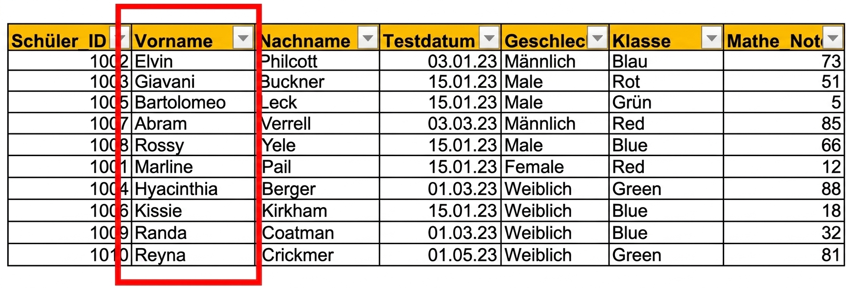 Beispiel einer manuell eingegebenen Tabelle mit Schüler-Testdaten in Excel, wobei die Textzeichenfolgenspalte full_name hervorgehoben ist