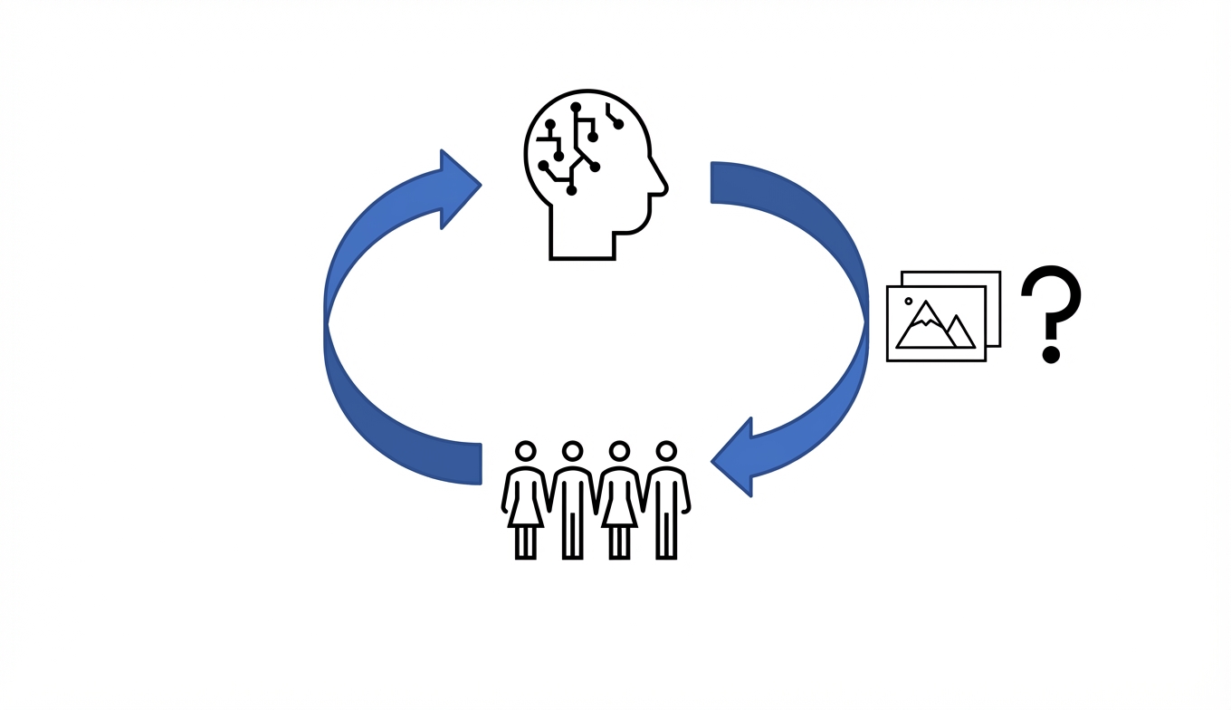 Eine Schleife mit KI am oberen Ende und Menschen am unteren Ende. Bild mit Fragezeichen an der Seite