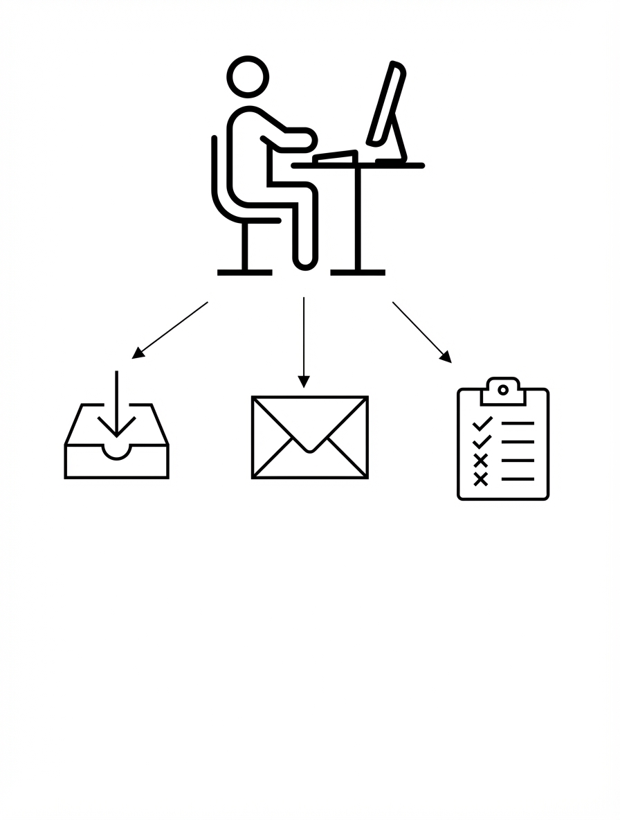 Eine Person, die an einem Schreibtisch sitzt und eine dekonstruierte Liste von Aufgaben hat