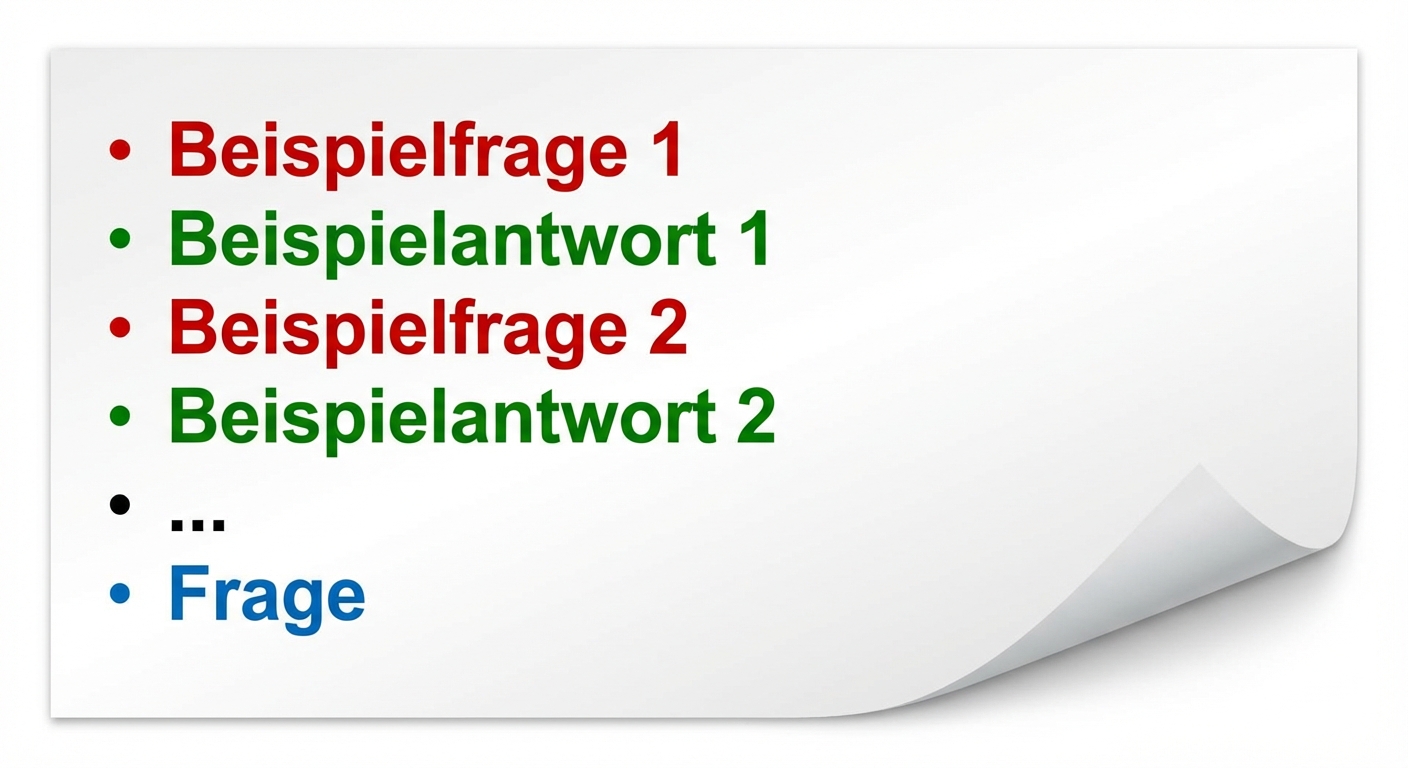 Eine visuelle Darstellung eines Few-Shot-Prompts, die seine Struktur mit Beispielfragen und -antworten zeigt, und schließlich die Frage, die das Modell beantworten soll.