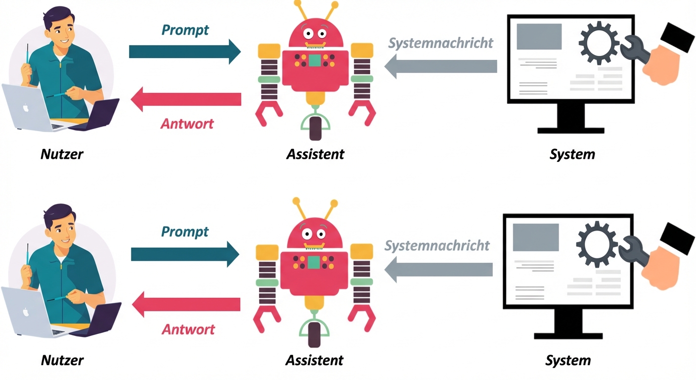 Bild mit einem Symbol für jede der drei Rollen, mit einem Kommunikationspfeil zwischen dem System und dem Assistenten zum Senden von Systemnachrichten, einem Kommunikationspfeil zwischen dem Benutzer und dem Assistenten zum Senden eines Prompt und einem Kommunikationspfeil zwischen dem Assistenten und dem Benutzer zum Senden der Antwort.