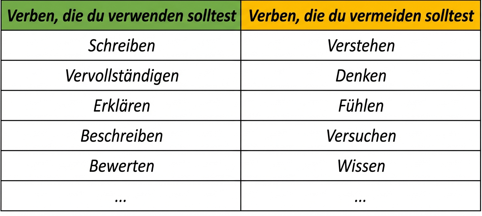 Tabelle mit Verben, die man benutzen kann, wie schreiben, fertigstellen, erklären, beschreiben oder bewerten, und Verben, die man besser nicht benutzt, wie verstehen, denken, fühlen, versuchen und wissen.