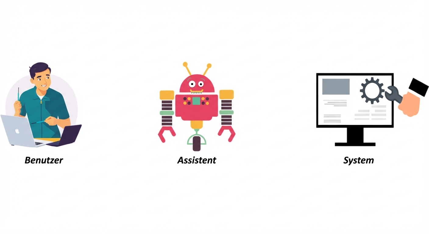 Bild mit einem Symbol für jede der drei Rollen: Benutzer, System und Assistent