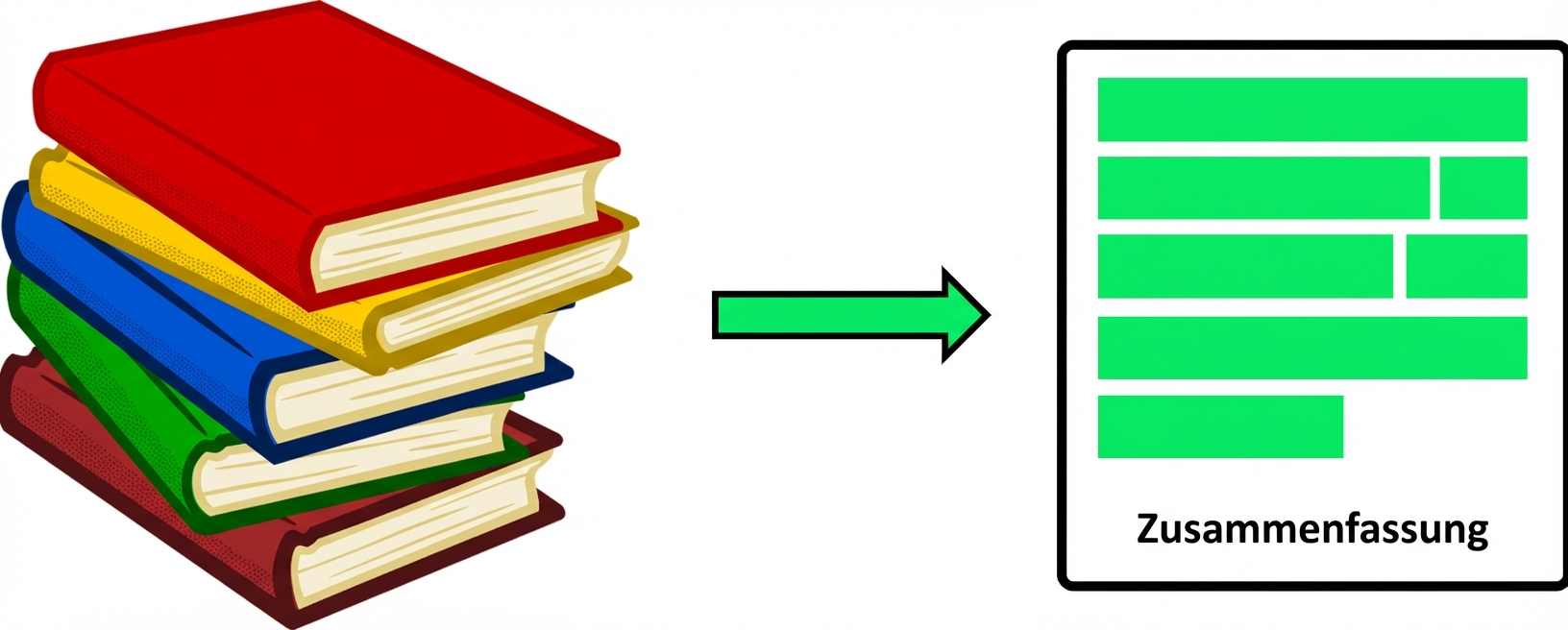 Bild, das zeigt, wie durch Zusammenfassung ein Stapel Bücher in ein Dokument mit einer Zusammenfassung verwandelt wird.