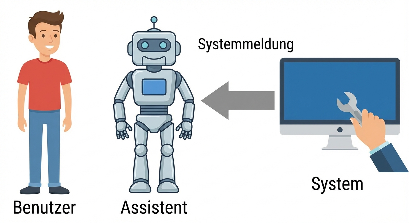 Bild mit einem Symbol für jede der drei Rollen und einem Kommunikationspfeil zwischen dem System und dem Assistenten, um Systemnachrichten zu senden.