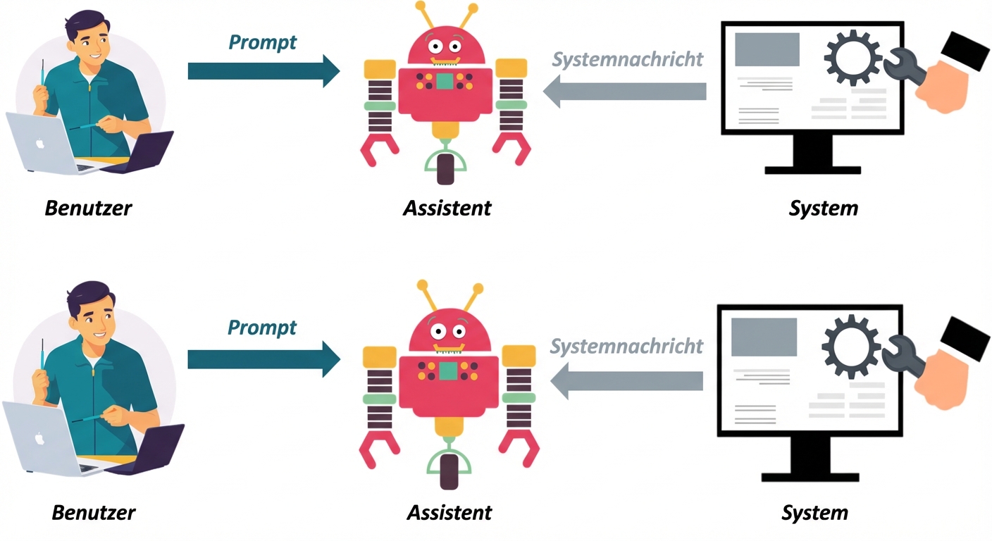 Bild mit einem Symbol für jede der drei Rollen, mit einem Kommunikationspfeil zwischen dem System und dem Assistenten zum Senden von Systemnachrichten und einem Kommunikationspfeil zwischen dem Benutzer und dem Assistenten zum Senden einer Prompt.