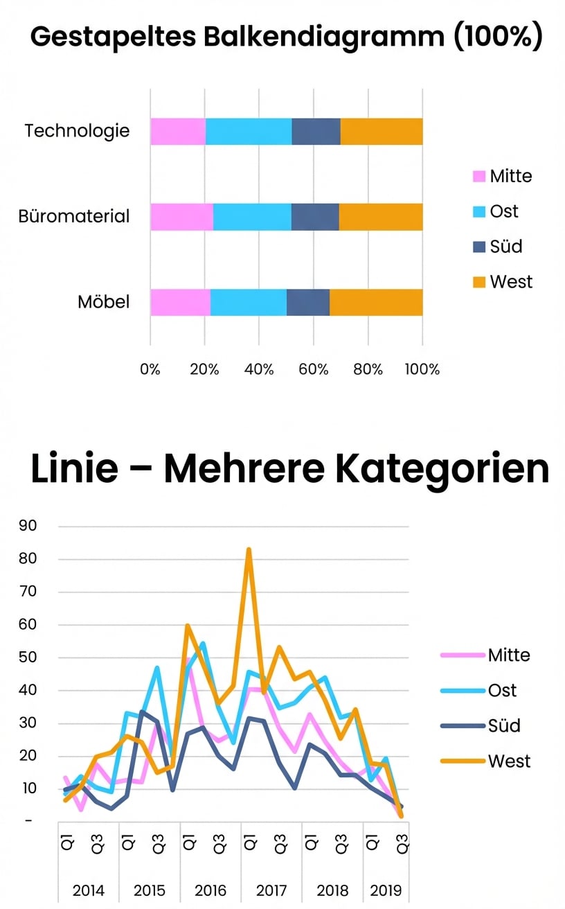 Eine Darstellung eines einfachen Balken-, Linien- und Flächendiagramms in Excel