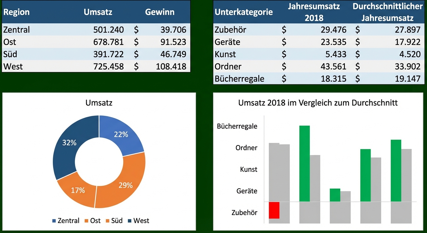 Beispiele von Tabellen und Diagrammen zur Visualisierung aggregierter Daten