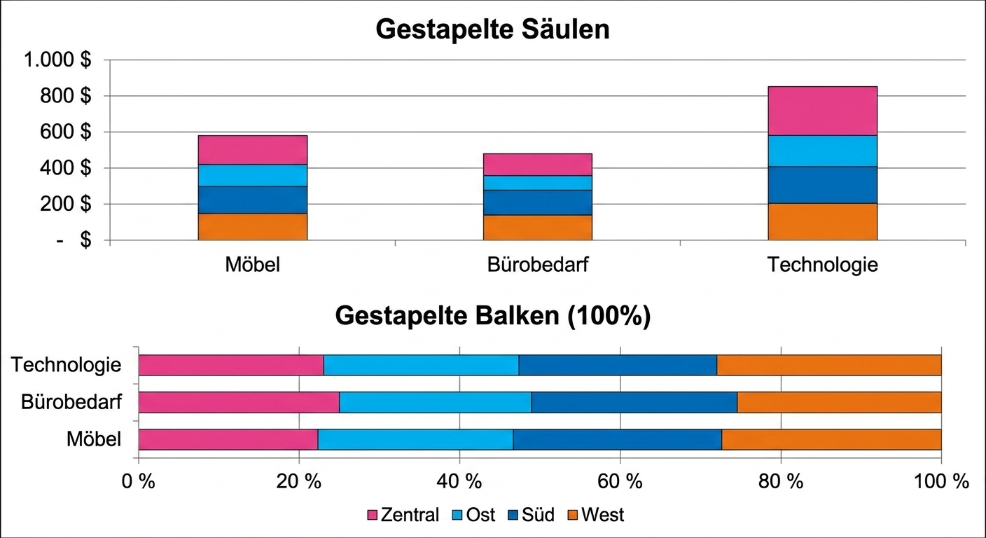Beispiele für gestapelte und 100% gestapelte Balken- und Säulendiagramme
