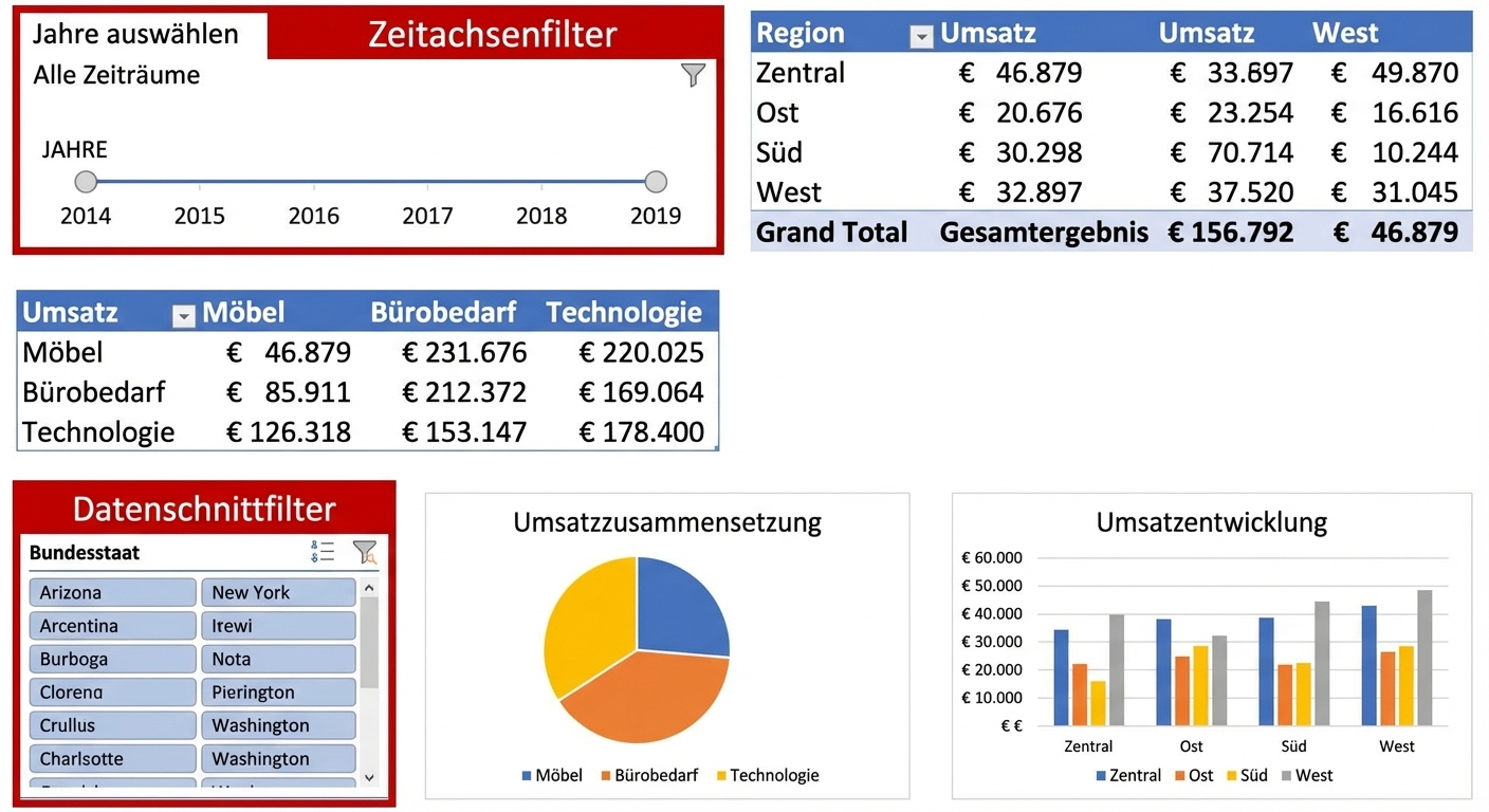 Beispiel eines kleinen Dashboards in Excel, inkl. Zeitachse und Slicer-Filter