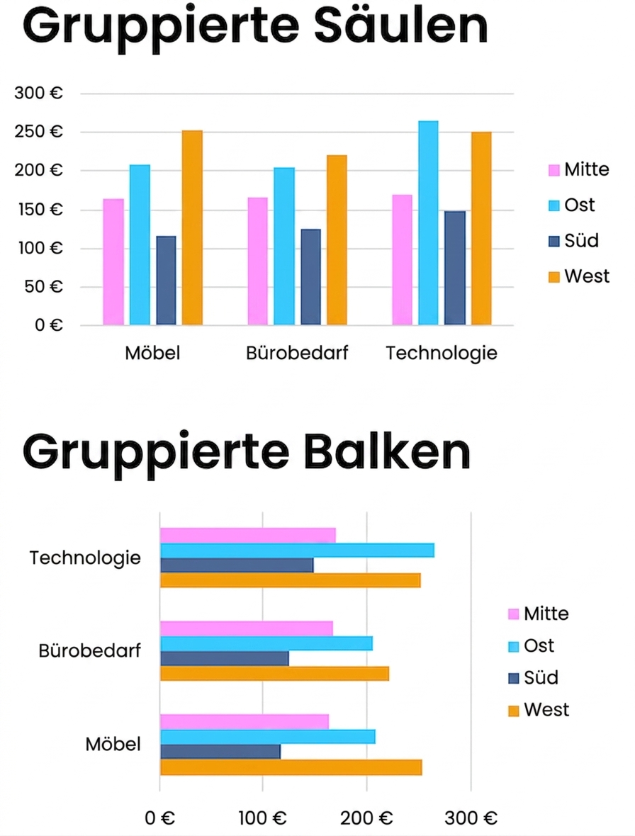 Beispiele für gruppierte Balken- und Säulendiagramme