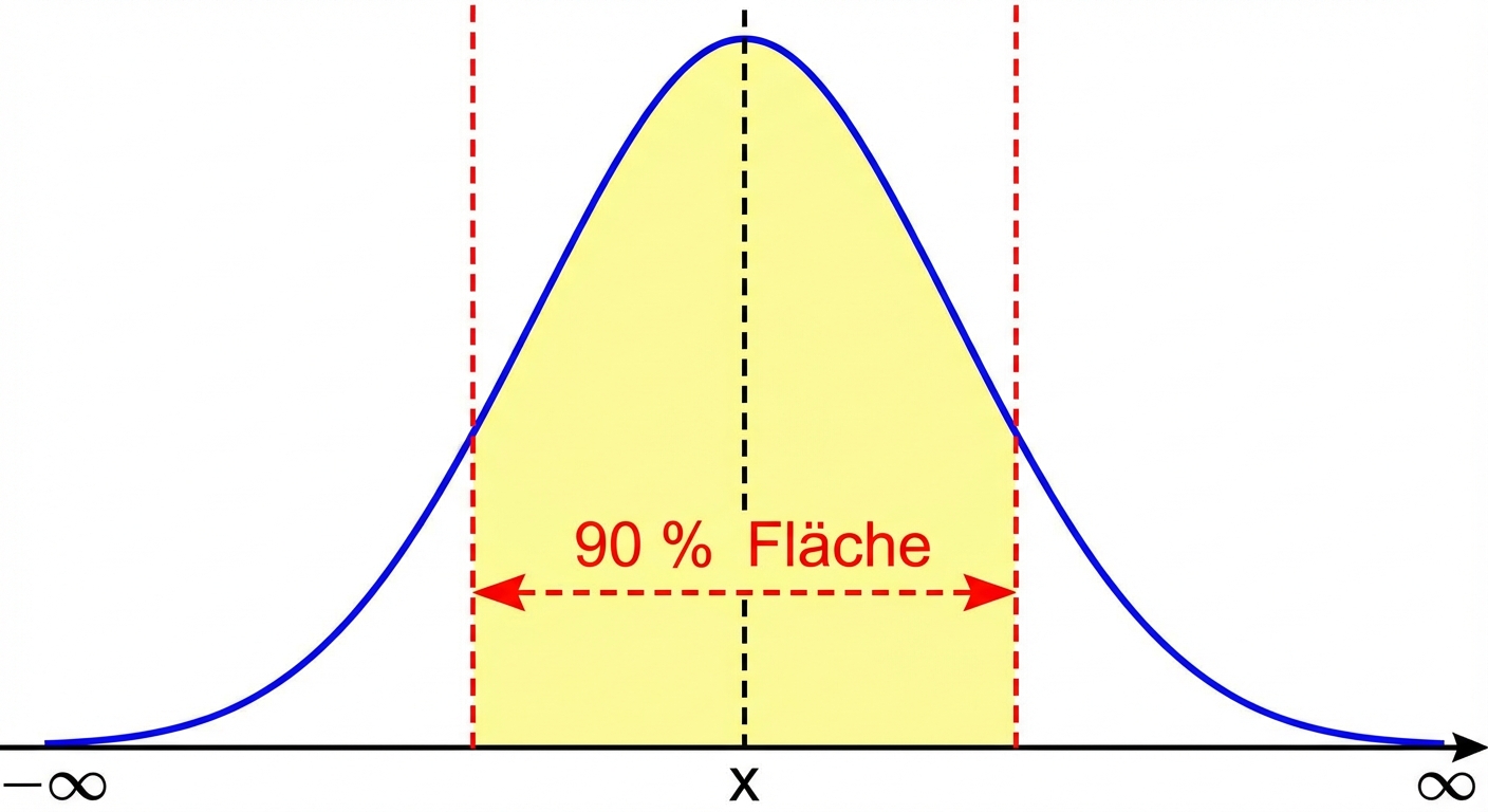 Eine Verteilungskurve, bei der 90 % der Fläche markiert sind