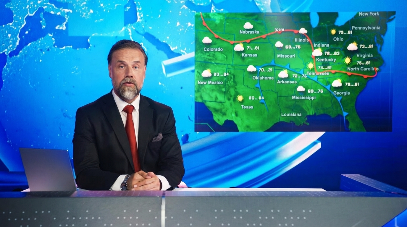 Wettermann zeigt die Vorhersage