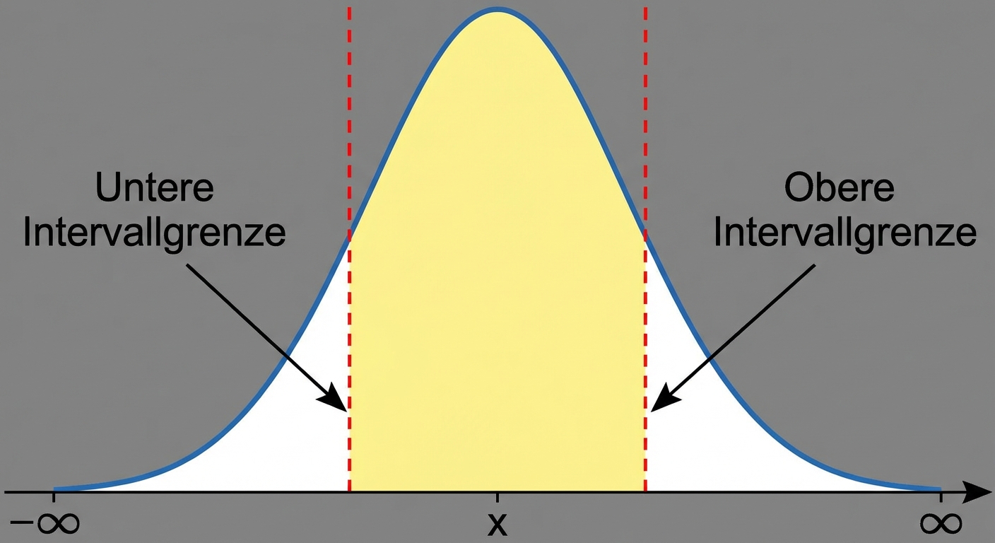 Eine Verteilungskurve mit der unteren und oberen Grenze beschriftet