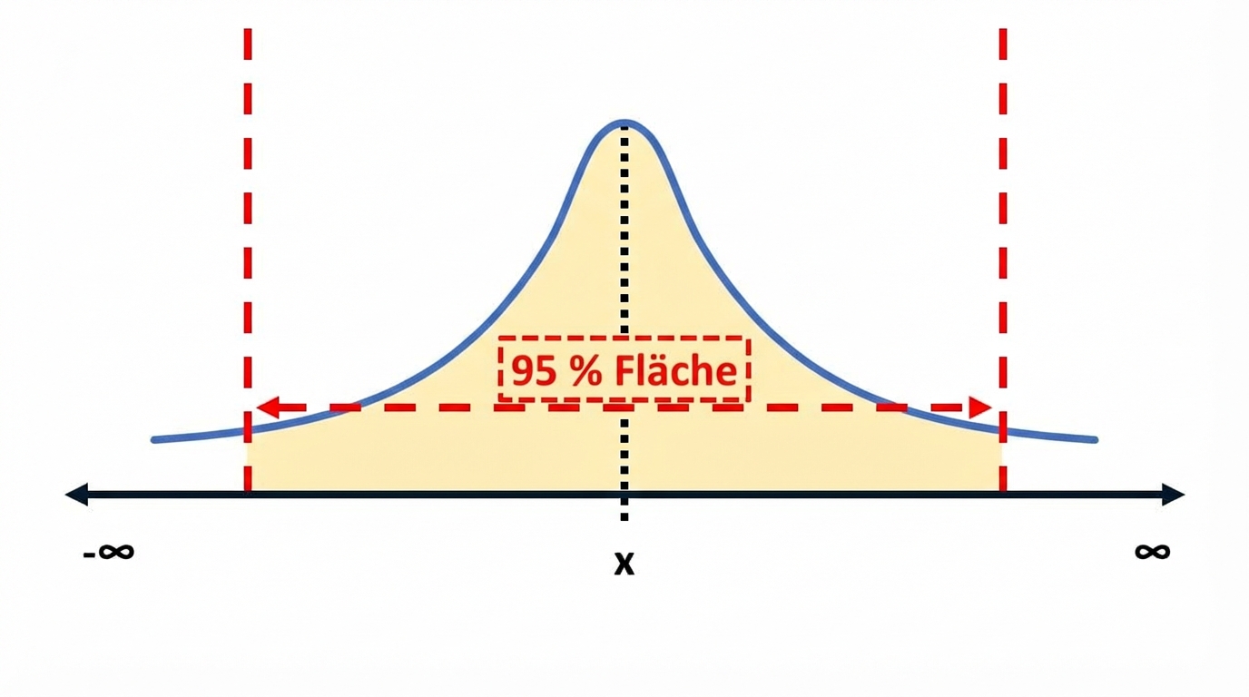 Eine Verteilungskurve, bei der 95 % der Fläche markiert sind