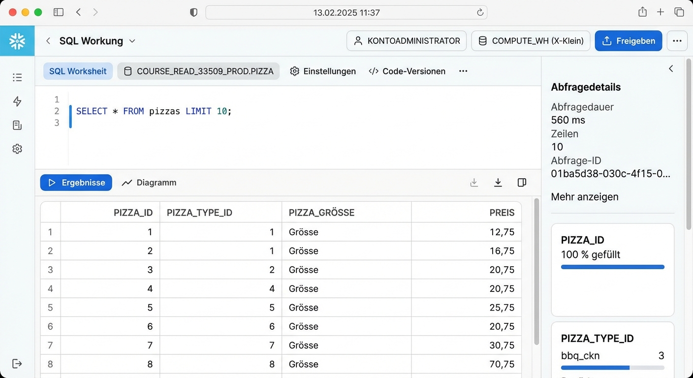 Snowflake Web Interface showing worksheet and results of query