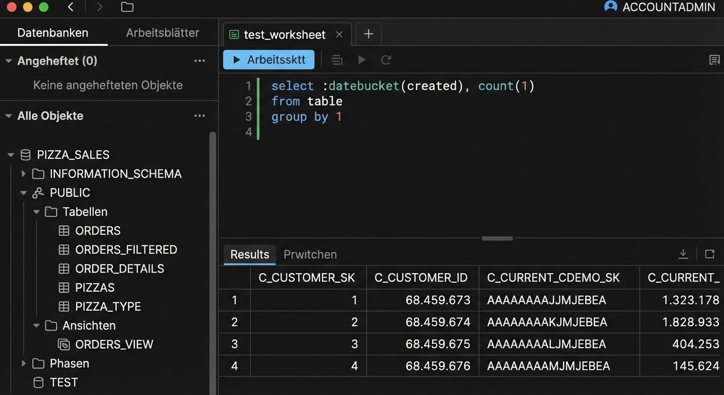 Snowflake Web UI left panel images showing database objects and worksheets
