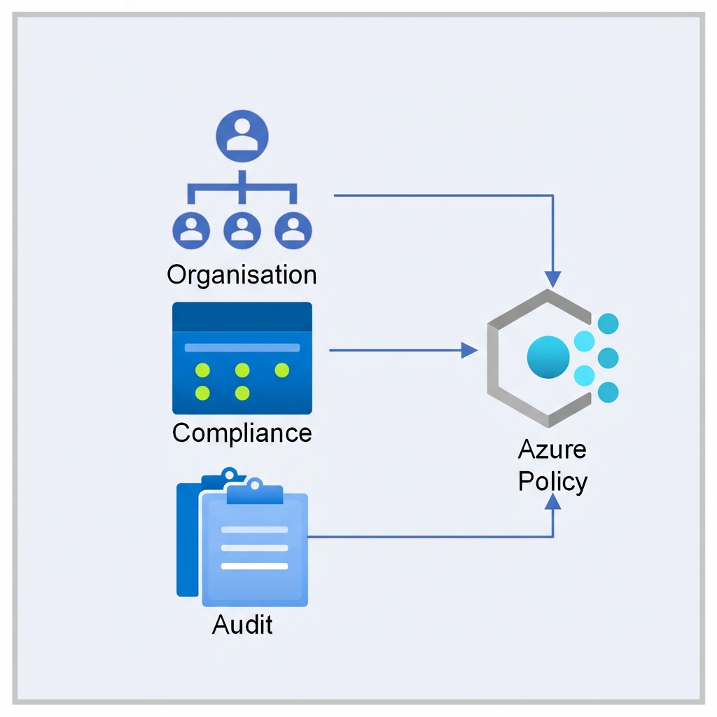 Farbiges Quadrat mit Bildern, die Organisation, Compliance und Audit zeigen, mit einem Link zum Azure-Richtlinien-Symbol