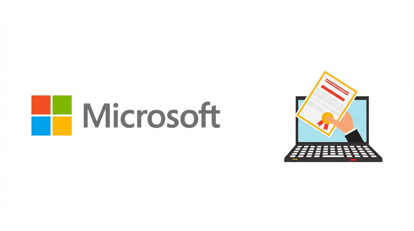 Microsoft-Logo mit einem Laptop, auf dem ein Zertifikat liegt