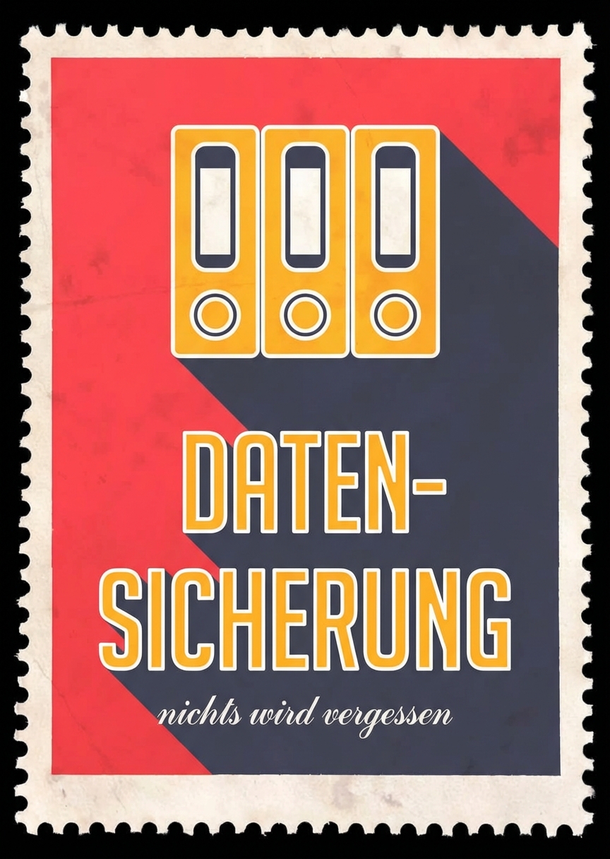 Bild von einem Stempel mit der Aufschrift „Datensicherung“ und Festplatten
